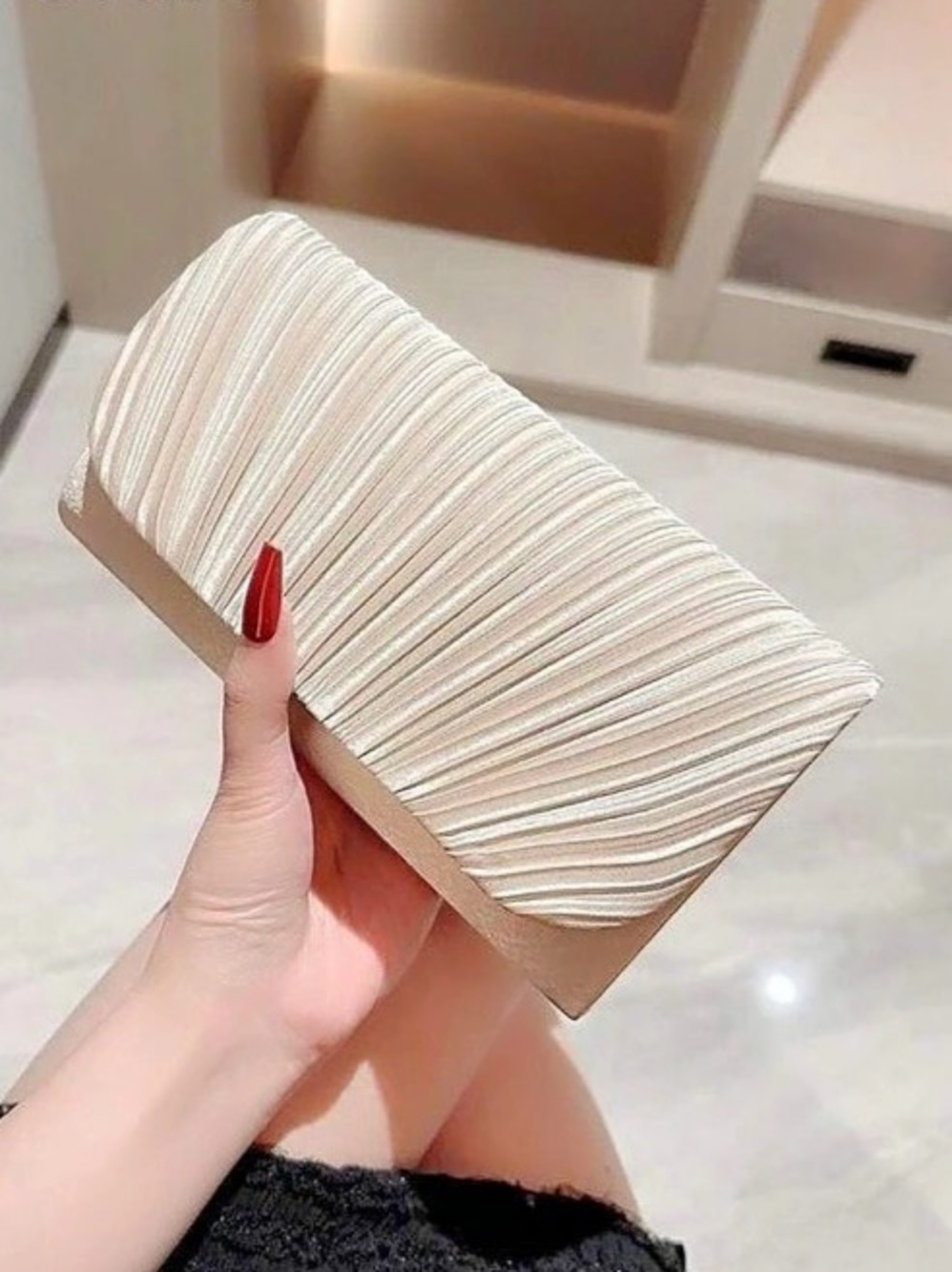 Evening  Classic Pleated Satin Clutch Bag Cream